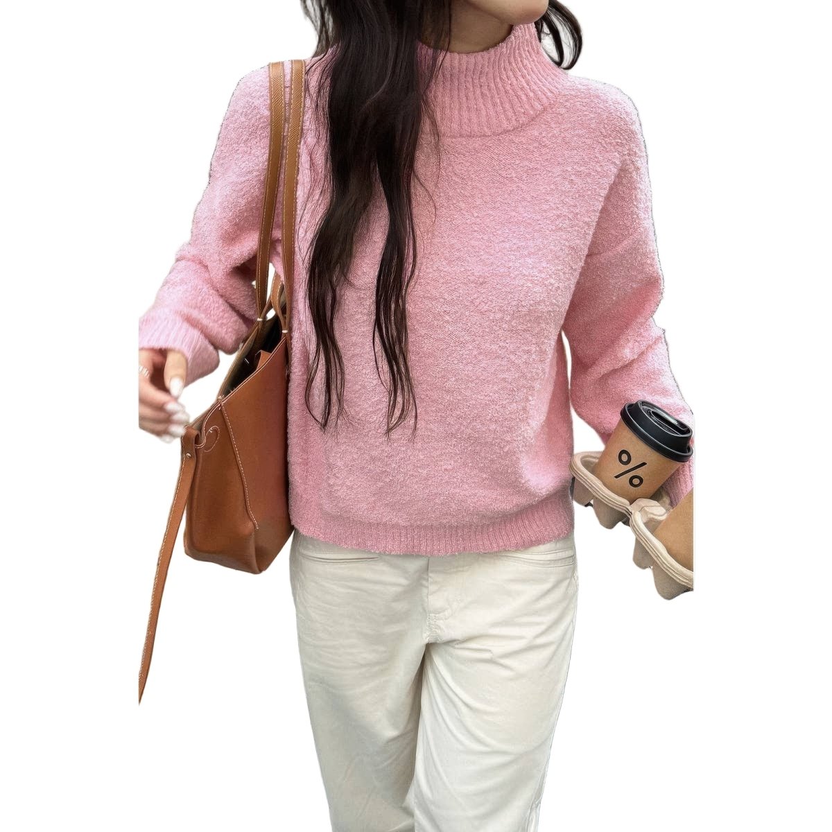 Women's Soft Knit Roll Neck Sweater with Long Sleeves - AMVIM