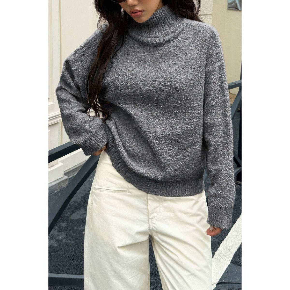 Women's Soft Knit Roll Neck Sweater with Long Sleeves - AMVIM