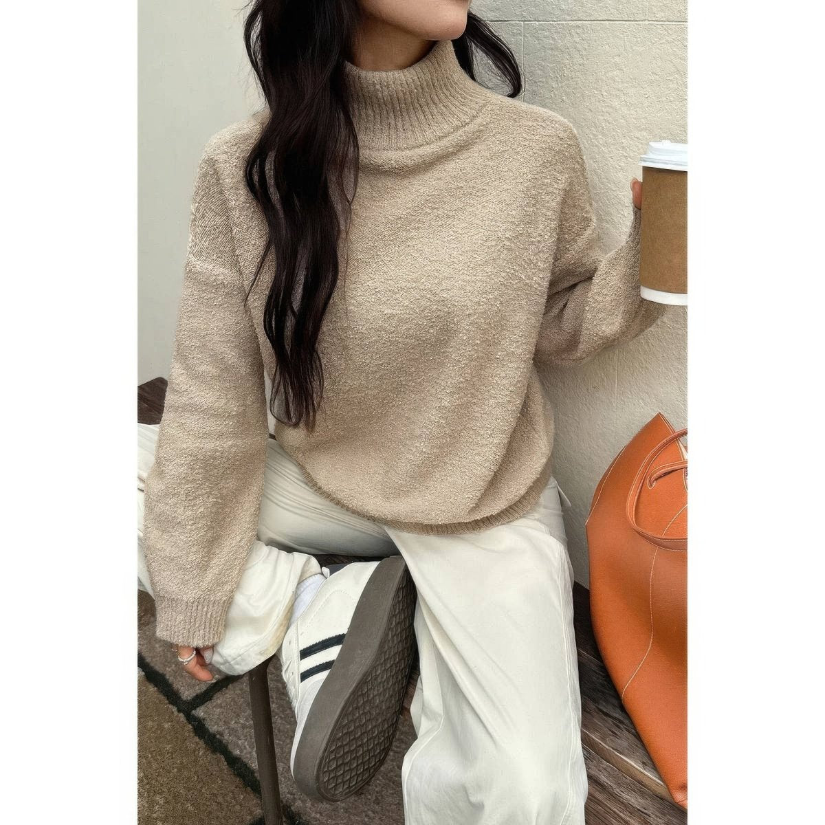 Women's Soft Knit Roll Neck Sweater with Long Sleeves - AMVIM