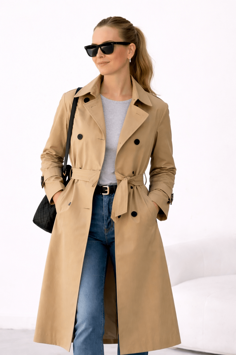 Women's Solid Long Sleeve Trench Coat with Adjustable Sleeves - AMVIM