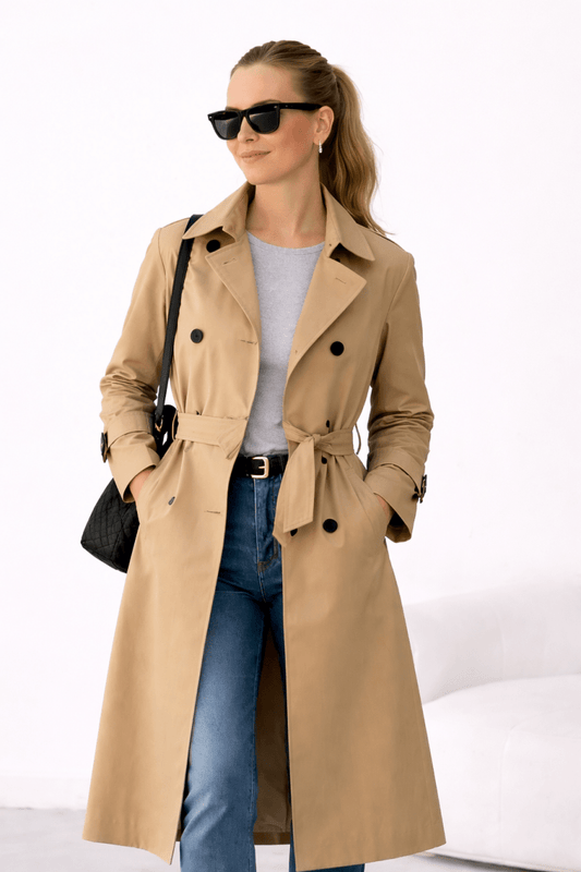 Women's Solid Long Sleeve Trench Coat with Adjustable Sleeves - AMVIM