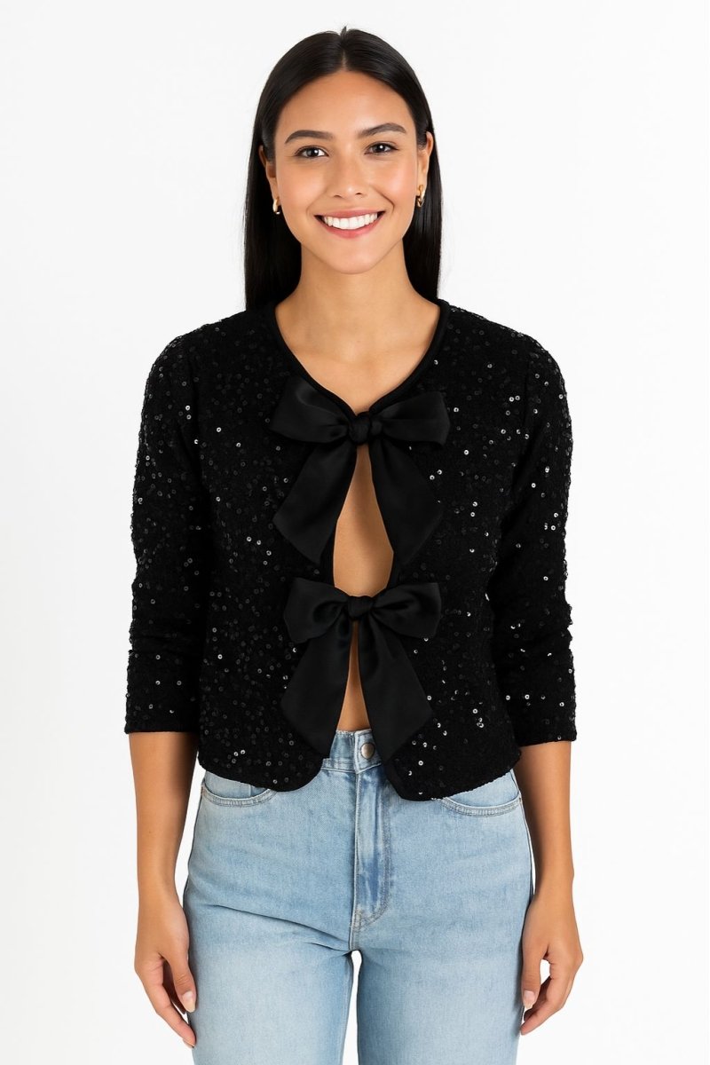 Women's Sparkly V Neck Bolero Tie Front Cropped Jacket - AMVIM