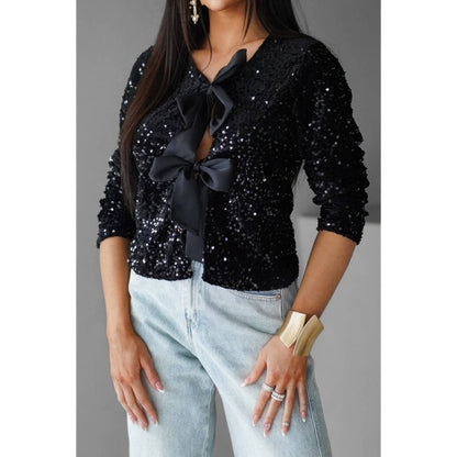 Women's Sparkly V Neck Bolero Tie Front Cropped Jacket - AMVIM