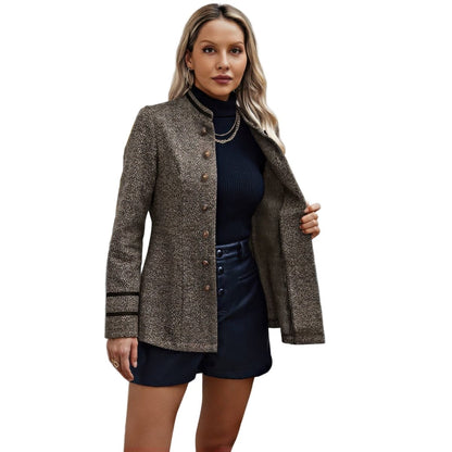 Women's Stand Collar Decorative Button Utility Jacket - AMVIM