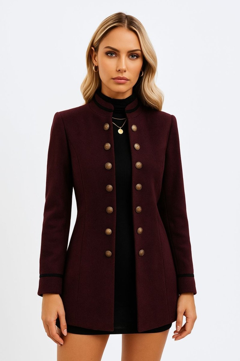 Women's Stand Collar Decorative Button Utility Jacket - AMVIM