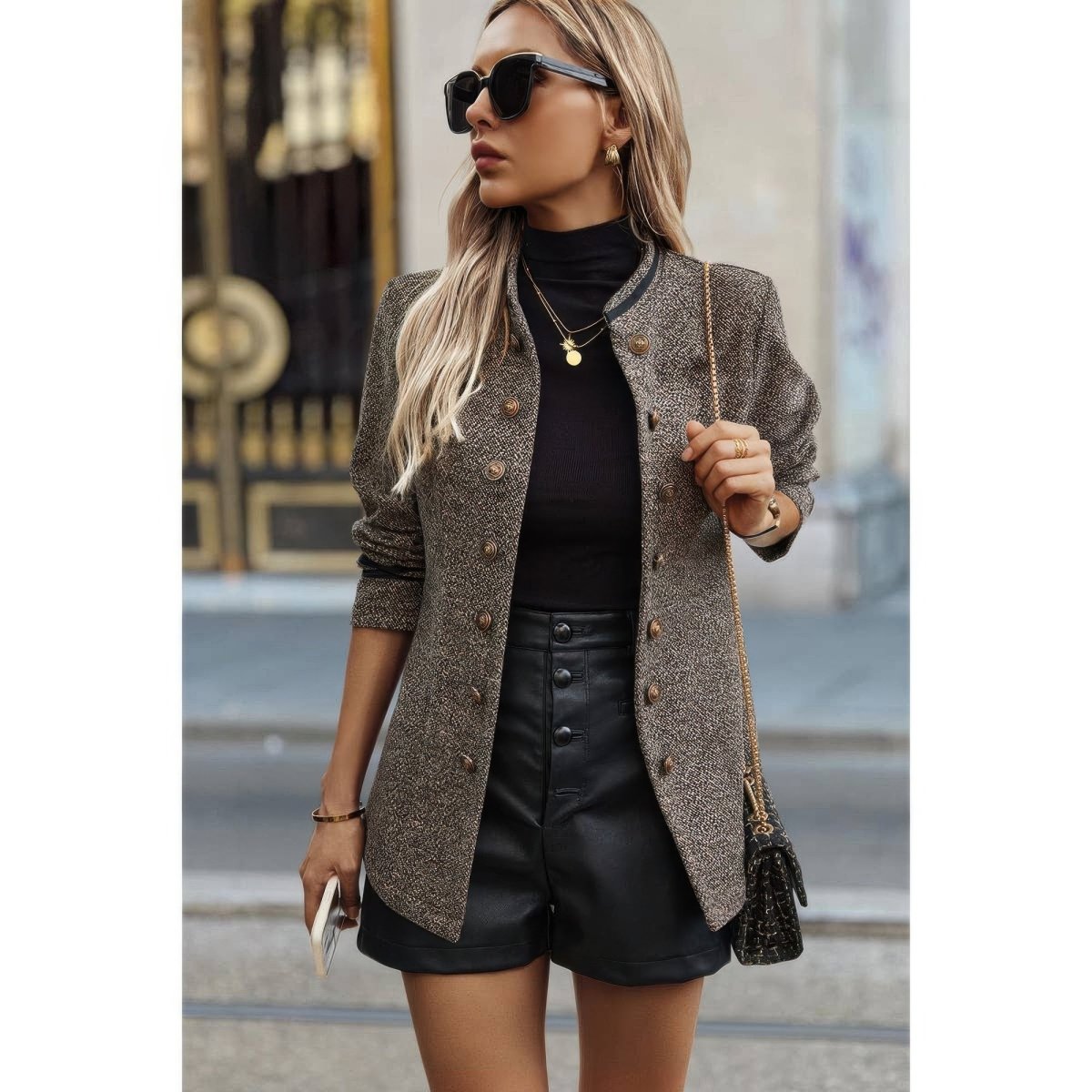 Women's Stand Collar Decorative Button Utility Jacket - AMVIM