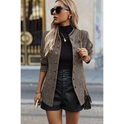 Women's Stand Collar Decorative Button Utility Jacket - AMVIM