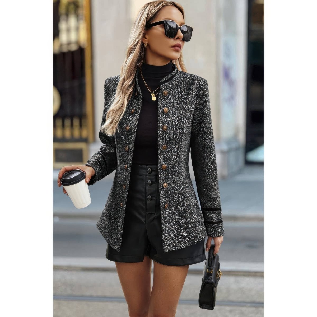 Women's Stand Collar Decorative Button Utility Jacket - AMVIM