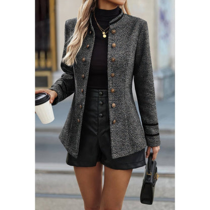 Women's Stand Collar Decorative Button Utility Jacket - AMVIM