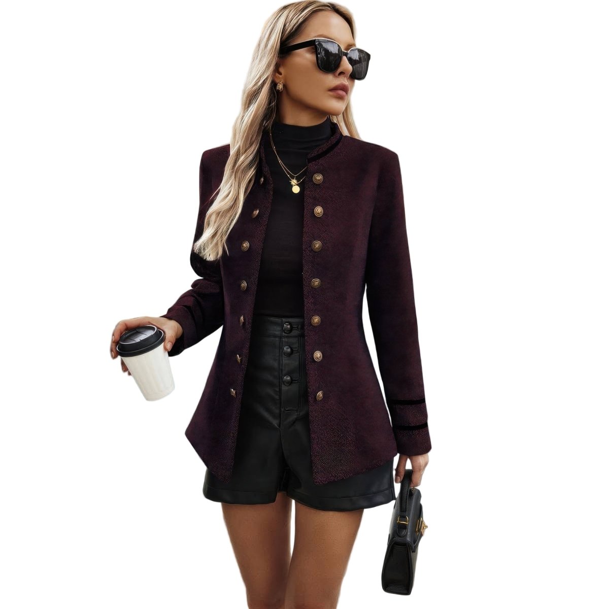 Women's Stand Collar Decorative Button Utility Jacket - AMVIM