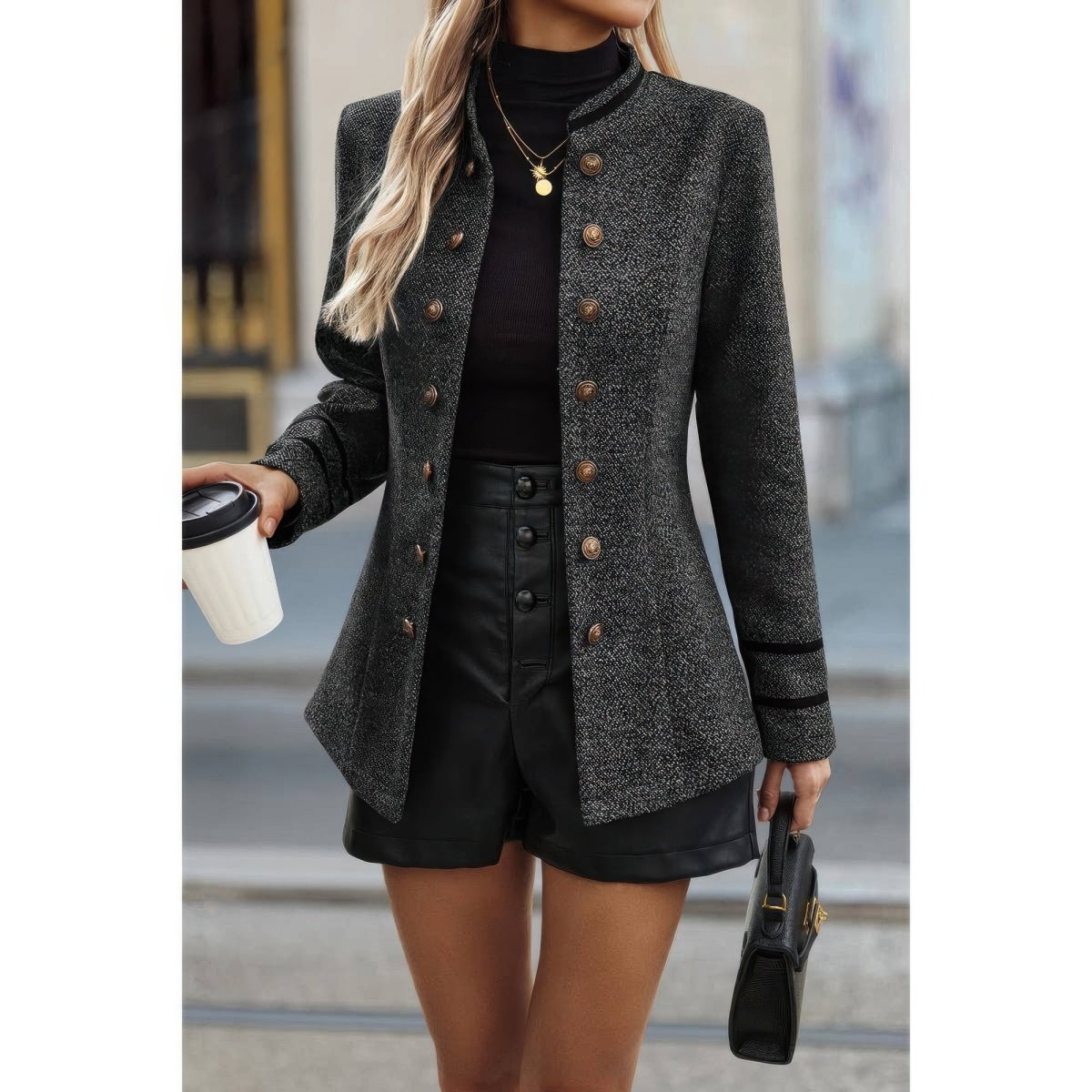 Women's Stand Collar Decorative Button Utility Jacket - AMVIM