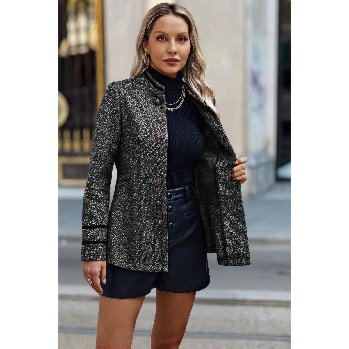 Women's Stand Collar Decorative Button Utility Jacket - AMVIM