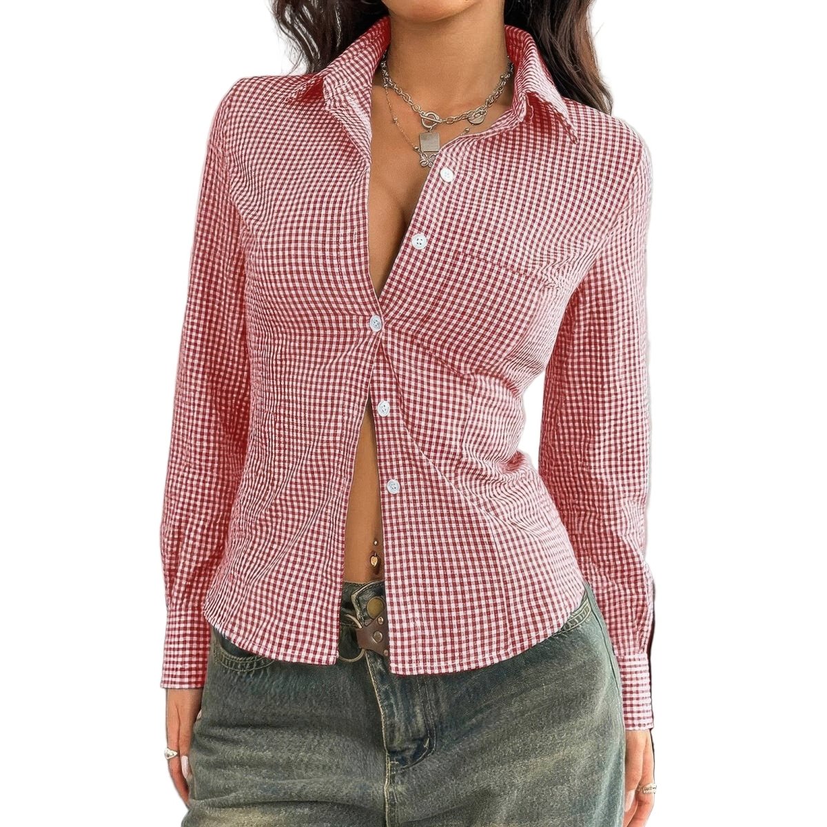 Women's Stretch Button Down Long Sleeves Shirt Slim Fit - AMVIM