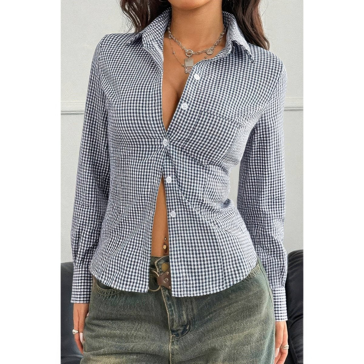 Women's Stretch Button Down Long Sleeves Shirt Slim Fit - AMVIM