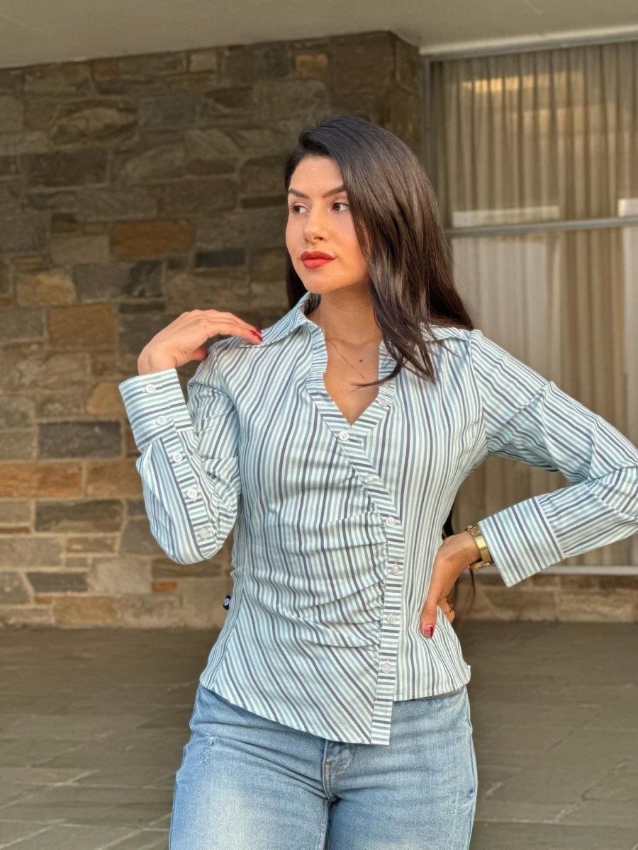 Women's Stripe Asymmetric Button - Down Blouse - AMVIM