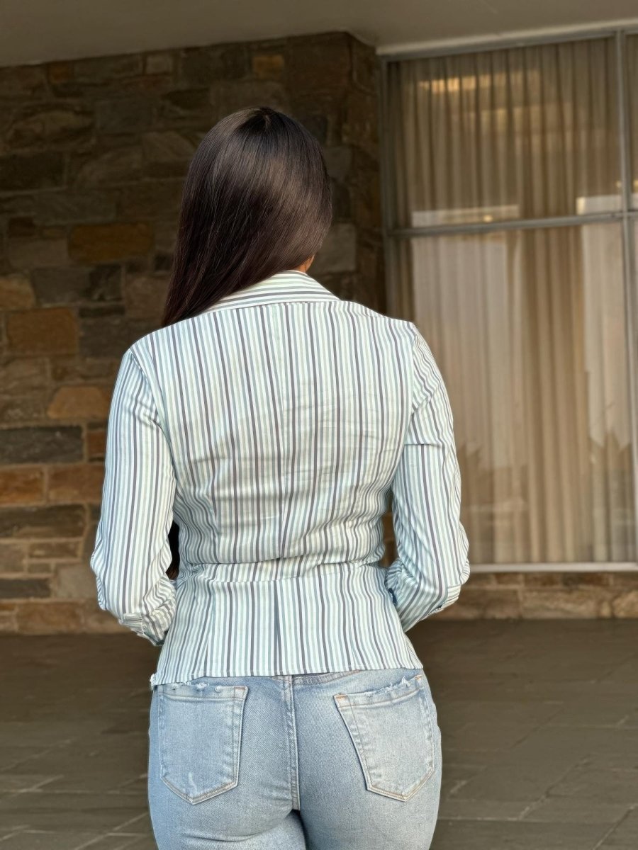 Women's Stripe Asymmetric Button - Down Blouse - AMVIM