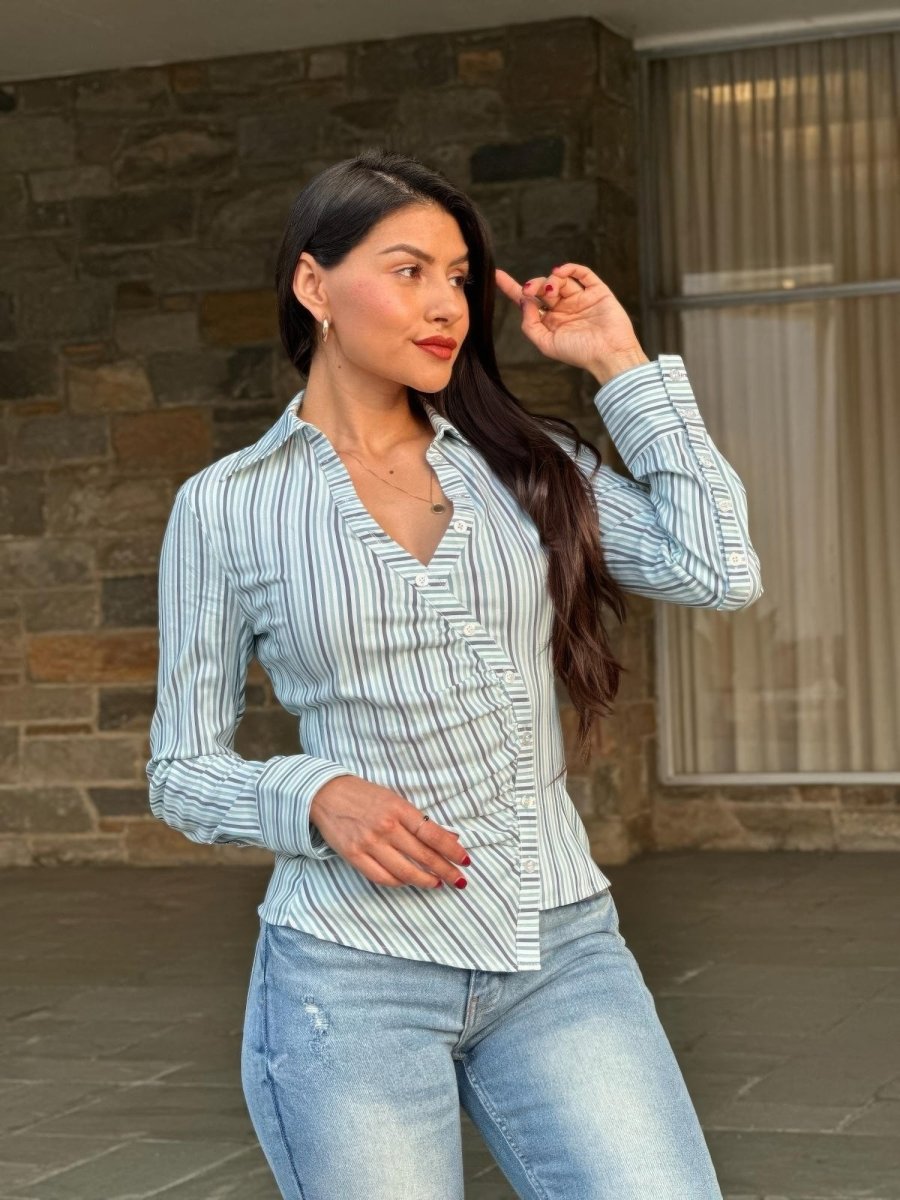 Women's Stripe Asymmetric Button - Down Blouse - AMVIM