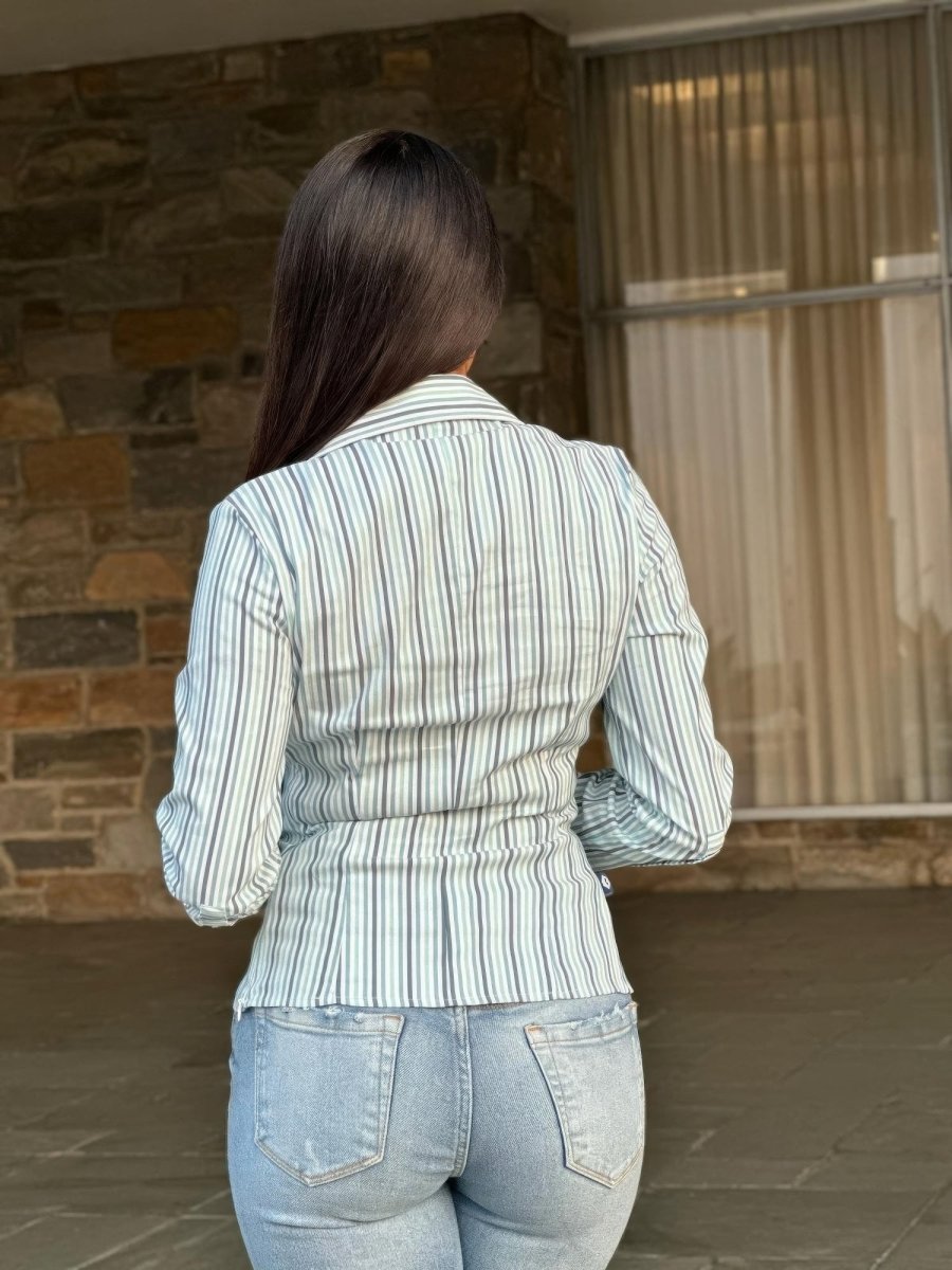 Women's Stripe Asymmetric Button - Down Blouse - AMVIM