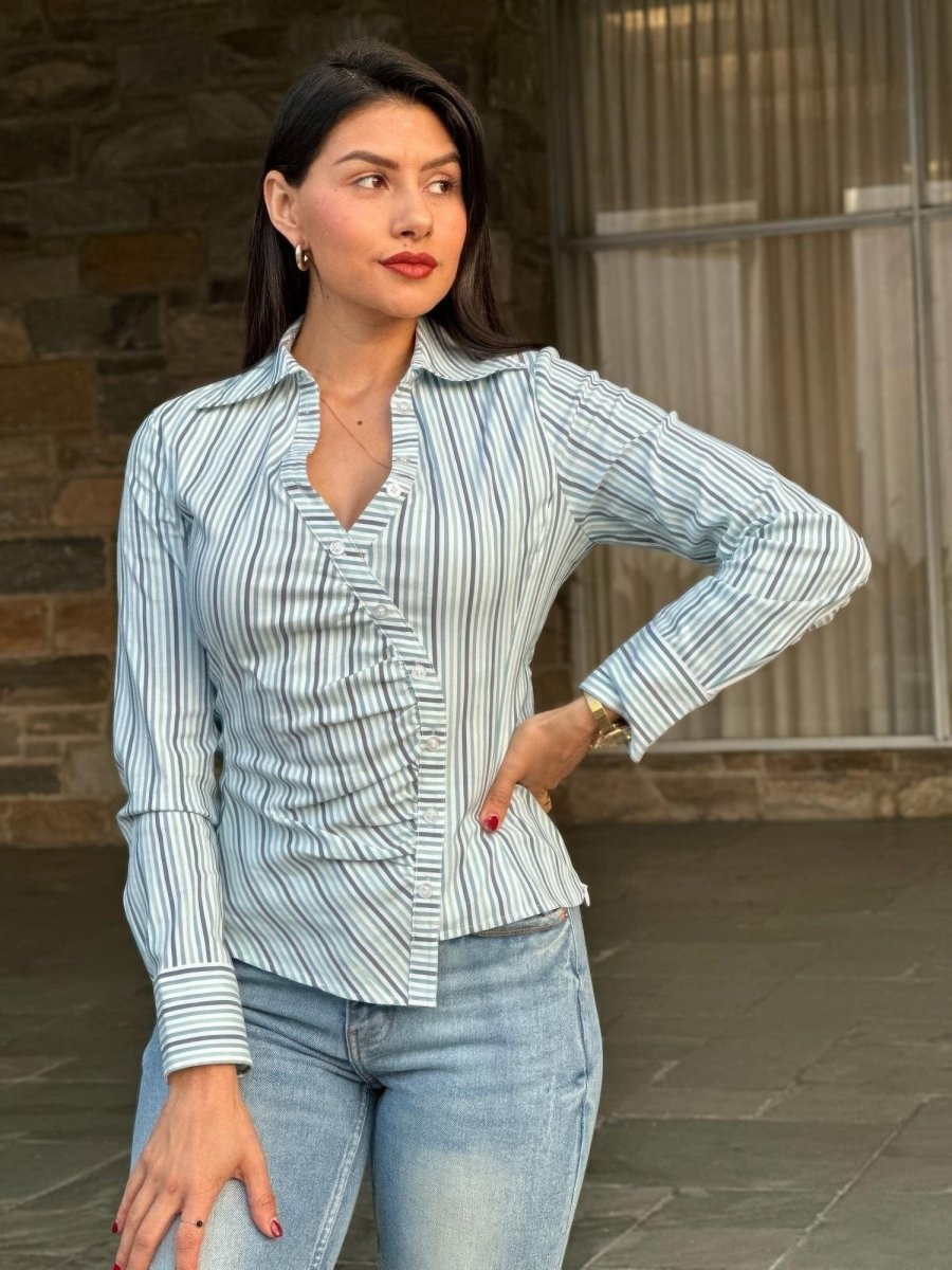 Women's Stripe Asymmetric Button - Down Blouse - AMVIM