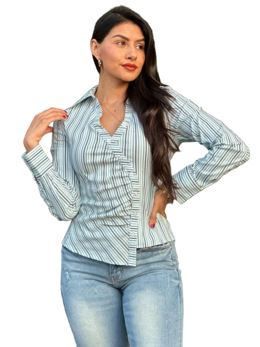 Women's Stripe Asymmetric Button - Down Blouse - AMVIM