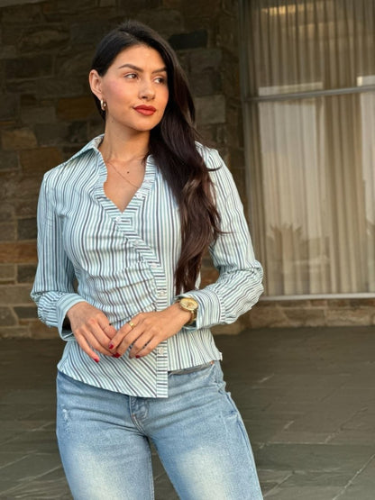 Women's Stripe Asymmetric Button - Down Blouse - AMVIM