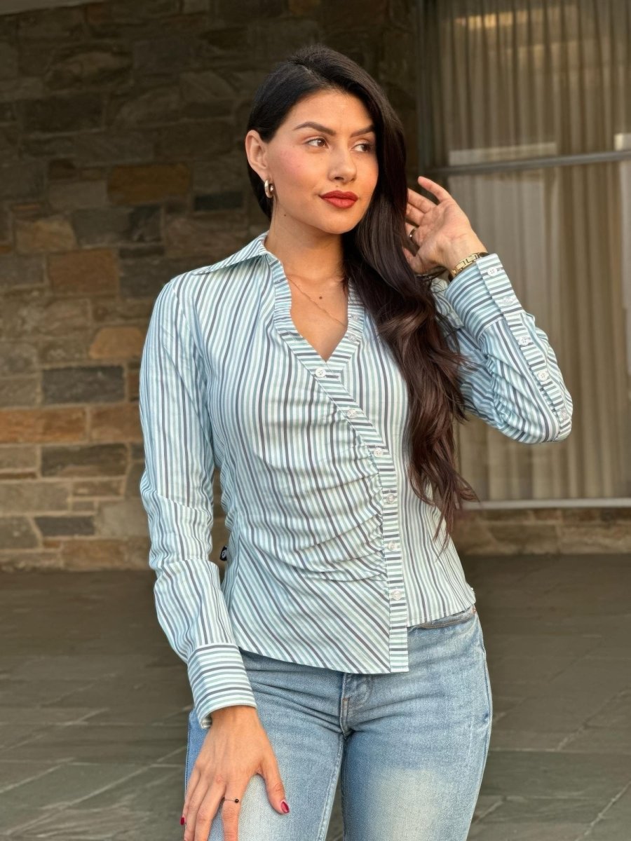 Women's Stripe Asymmetric Button - Down Blouse - AMVIM
