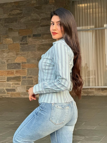 Women's Stripe Asymmetric Button - Down Blouse - AMVIM