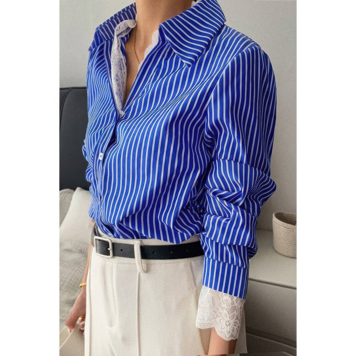 Women's Striped Lace Button Down Loose Fit Shirt - AMVIM