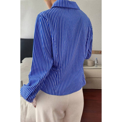 Women's Striped Lace Button Down Loose Fit Shirt - AMVIM