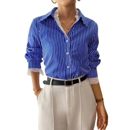 Women's Striped Lace Button Down Loose Fit Shirt - AMVIM