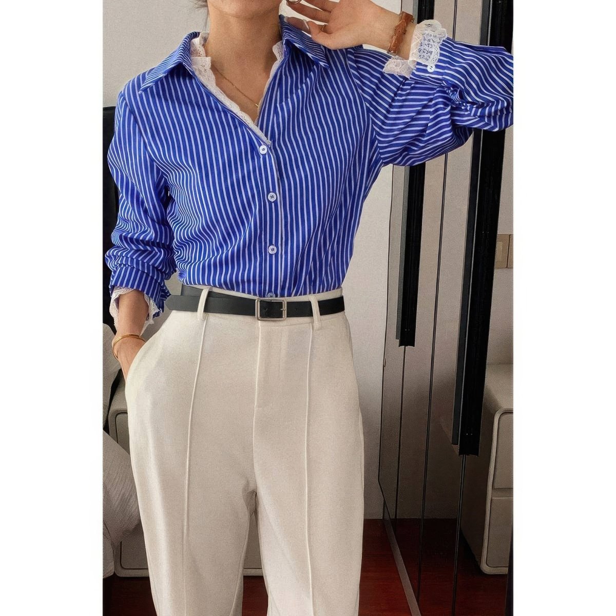 Women's Striped Lace Button Down Loose Fit Shirt - AMVIM