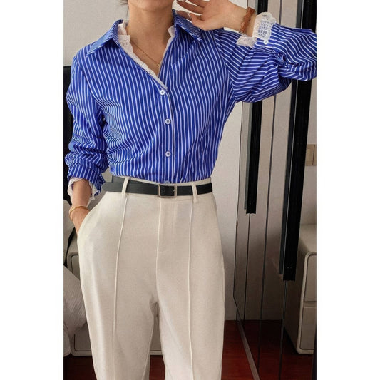 Women's Striped Lace Button Down Loose Fit Shirt - AMVIM