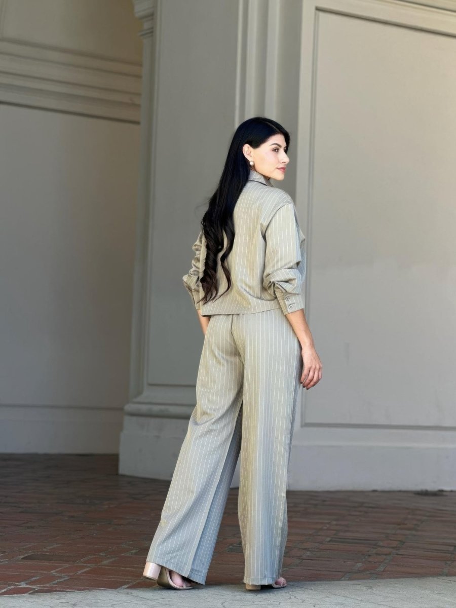 Women's Striped Two - Piece Set with Double Waistband Pants - AMVIM