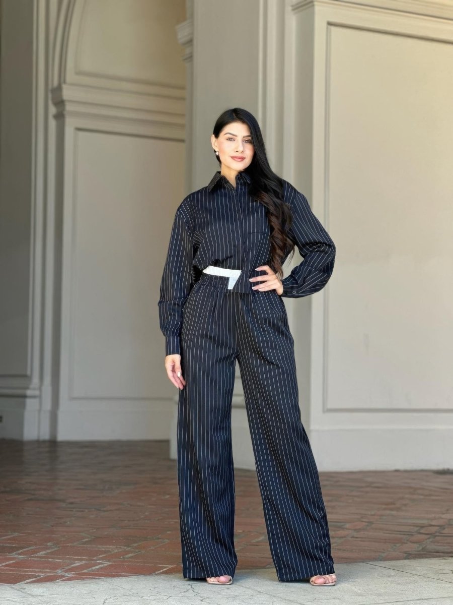 Women's Striped Two - Piece Set with Double Waistband Pants - AMVIM