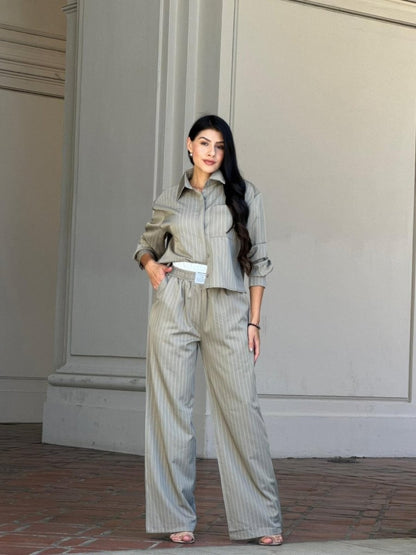 Women's Striped Two - Piece Set with Double Waistband Pants - AMVIM