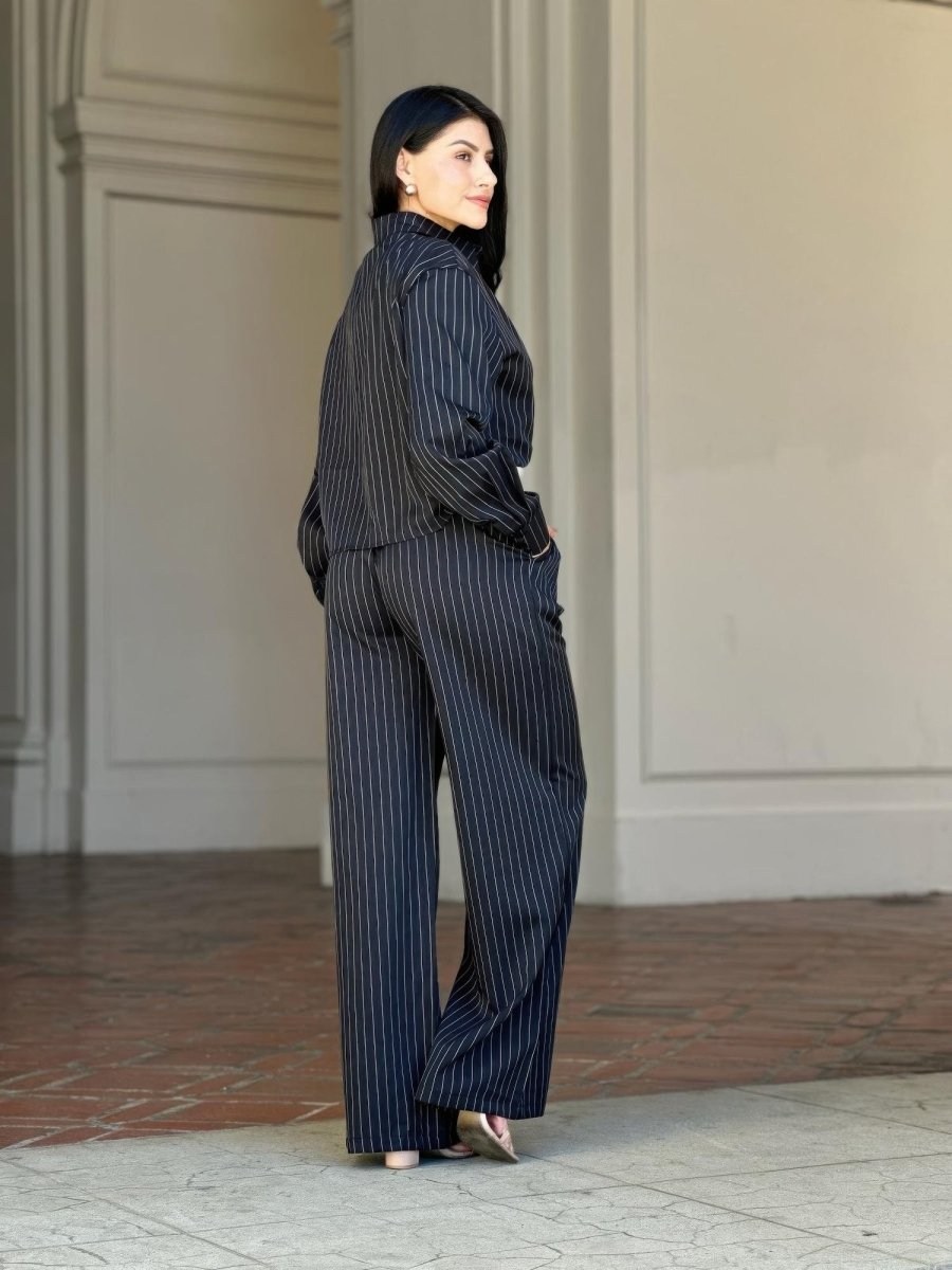 Women's Striped Two - Piece Set with Double Waistband Pants - AMVIM