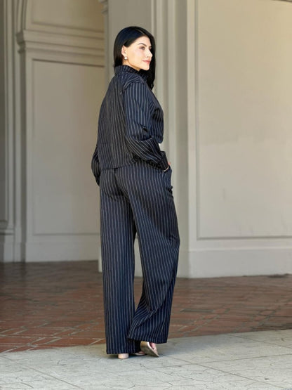 Women's Striped Two - Piece Set with Double Waistband Pants - AMVIM