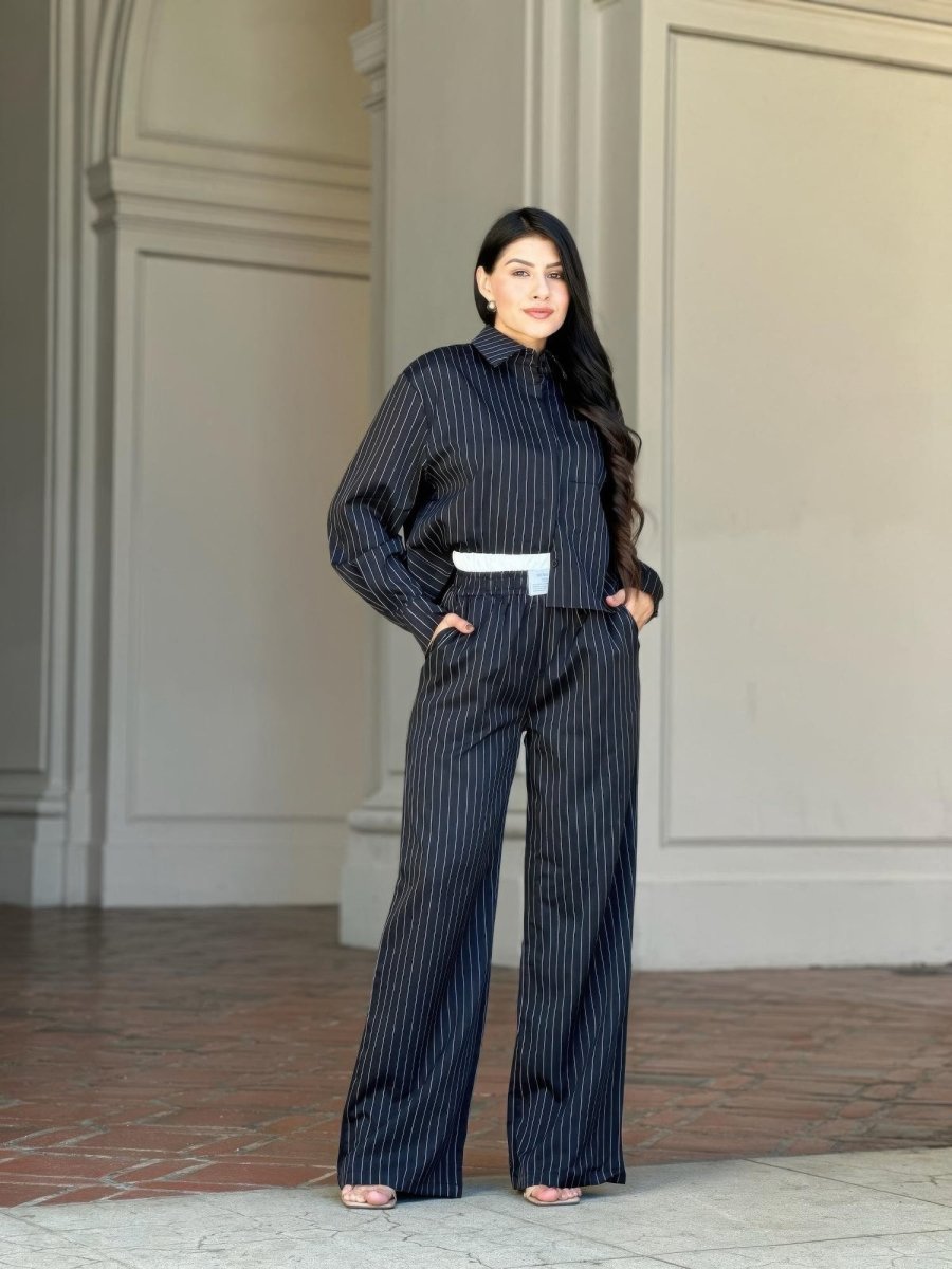Women's Striped Two - Piece Set with Double Waistband Pants - AMVIM