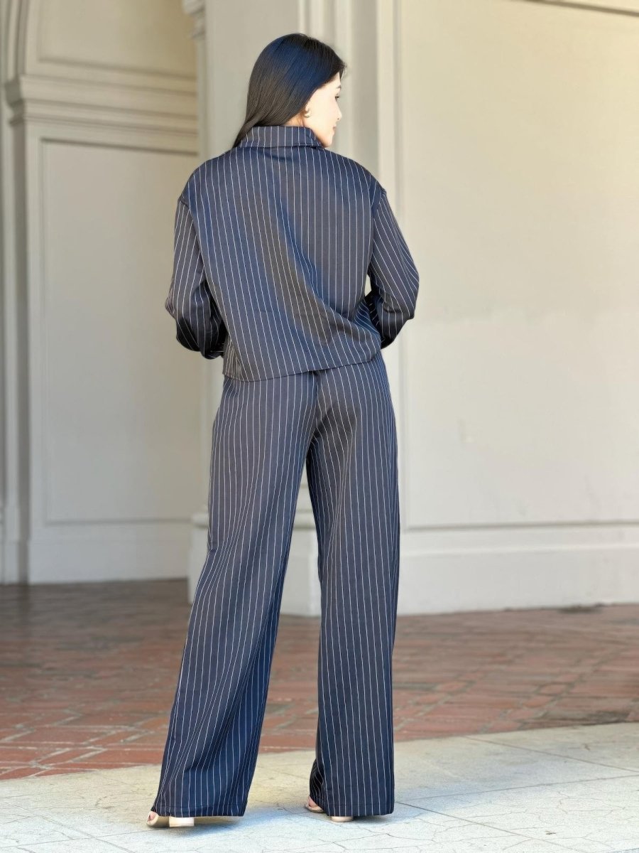 Women's Striped Two - Piece Set with Double Waistband Pants - AMVIM