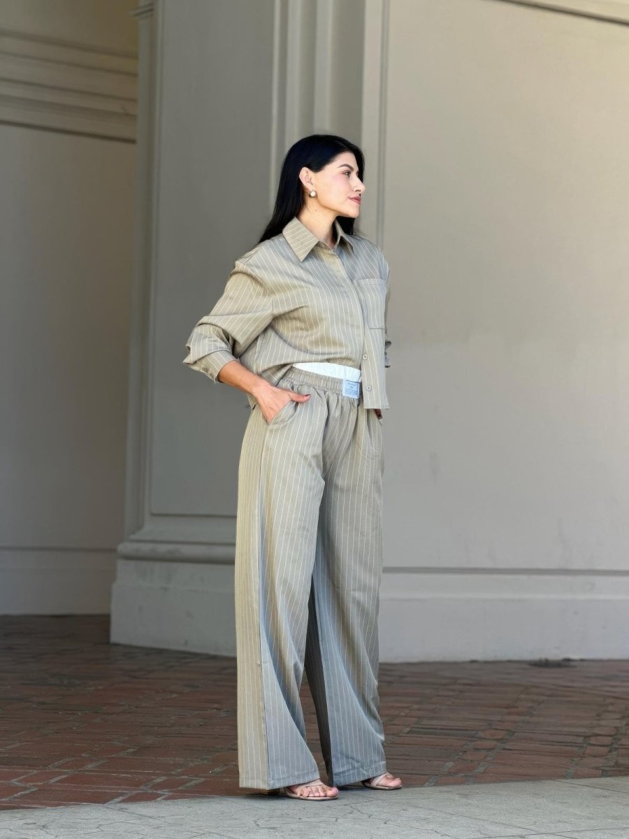 Women's Striped Two - Piece Set with Double Waistband Pants - AMVIM