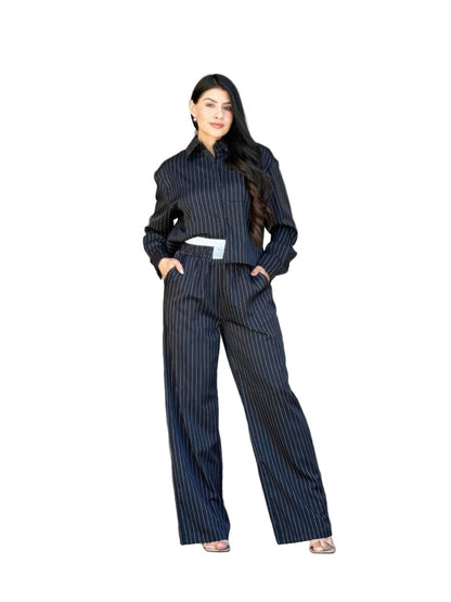 Women's Striped Two - Piece Set with Double Waistband Pants - AMVIM