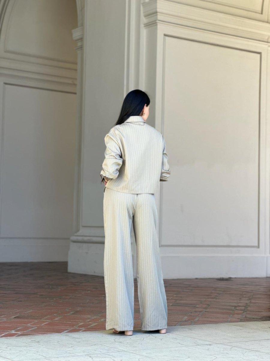 Women's Striped Two - Piece Set with Double Waistband Pants - AMVIM