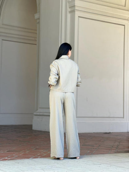 Women's Striped Two - Piece Set with Double Waistband Pants - AMVIM