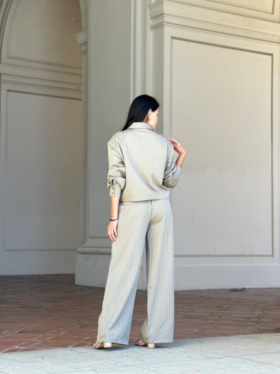 Women's Striped Two - Piece Set with Double Waistband Pants - AMVIM