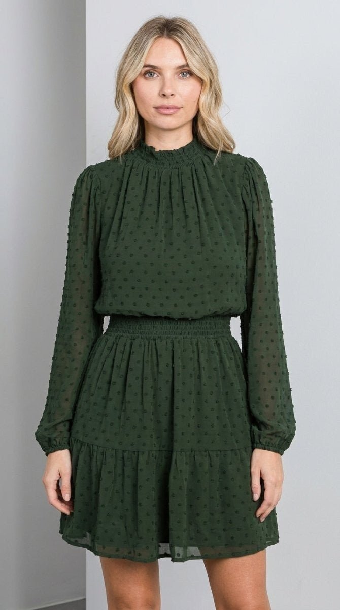 Women's Swiss Dot Chiffon Mini Dress – Smock Neck - AMVIM