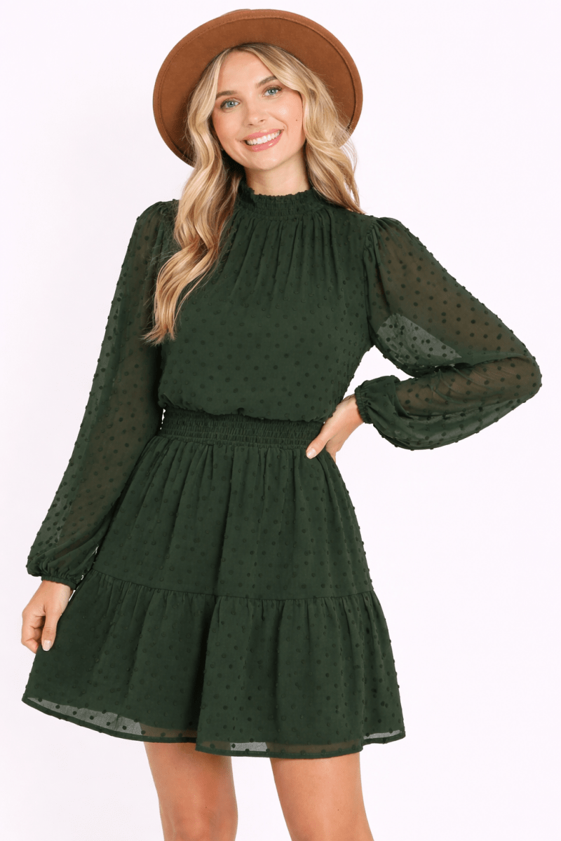 Women's Swiss Dot Smock Neck Mini Dress with Pockets - AMVIM