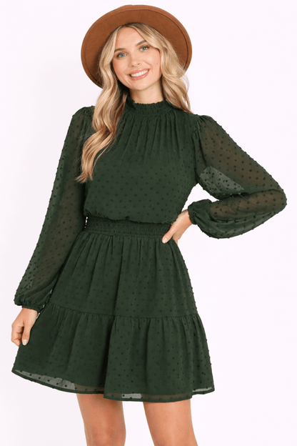 Women's Swiss Dot Smock Neck Mini Dress with Pockets - AMVIM