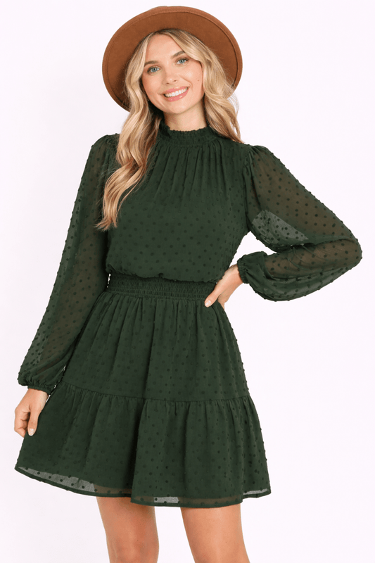 Women's Swiss Dot Smock Neck Mini Dress with Pockets - AMVIM