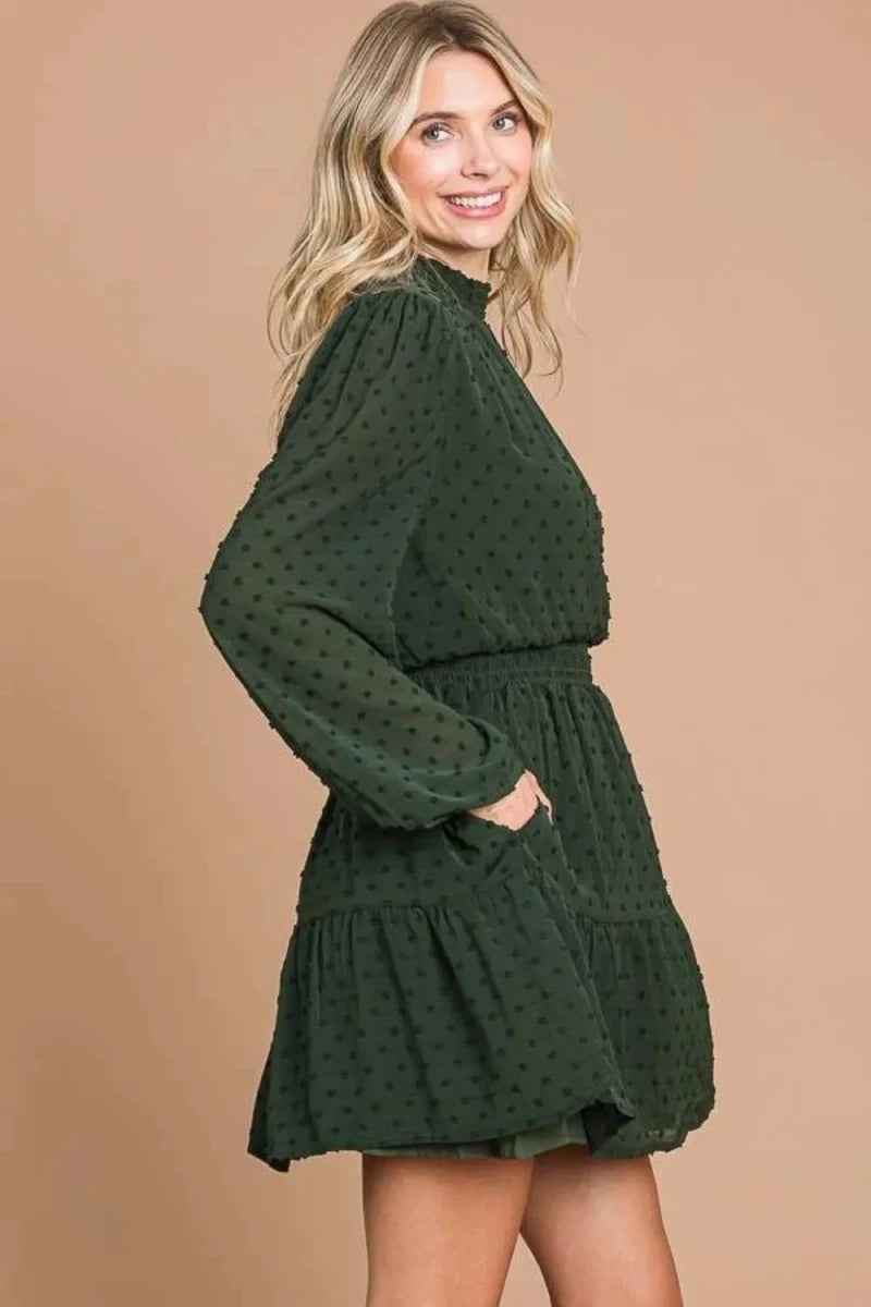 Women's Swiss Dot Smock Neck Mini Dress with Pockets - AMVIM