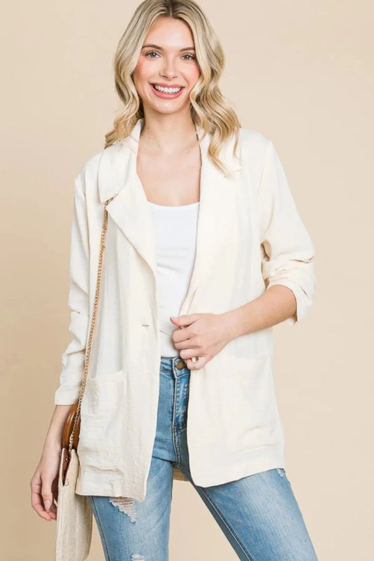 Women's Tailored One Button Long Sleeve Blazer with Pockets - AMVIM
